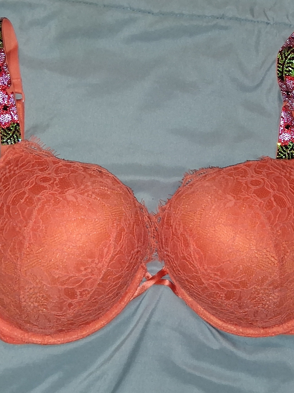 Victoria's Secret Coral Lace Push-Up Bra with Patterned Straps